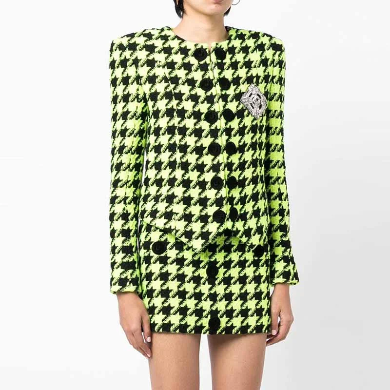 Women's Denim CoatsWomen Green Houndstooth Wool Skirt Suit