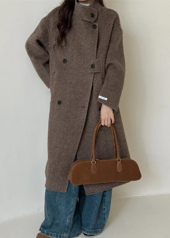 Women's Zip-Up Coats2024 New Coffee Stand Collar Double Breast Woolen Coat Winter