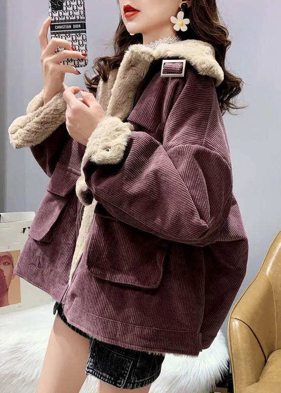 Women's Coats with Fur Trimmed SleevesUnique Purple Peter Pan Collar Zippered Warm Fleece Thick Corduroy Parka Winter