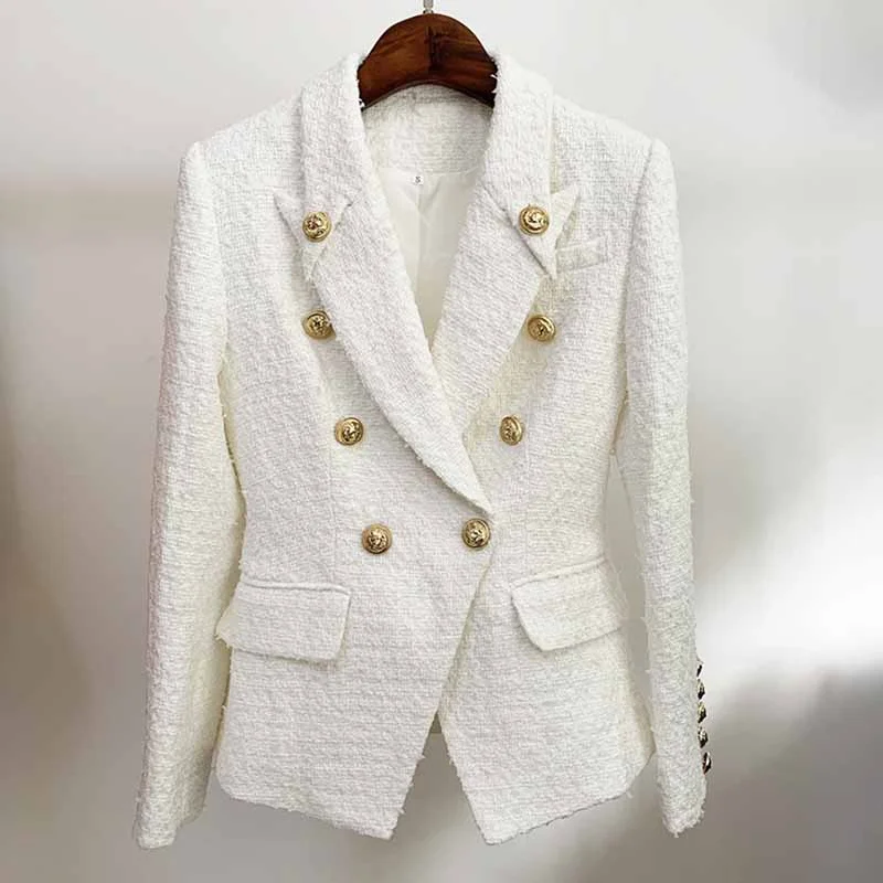 Women's Puffer CoatsWomen's Luxury Fitted Tweed Blazer Golden Lion Buttons White