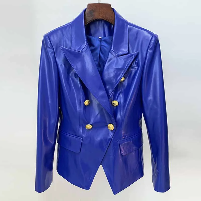 Women's Down CoatsWomen's Luxury Faux Leather Collar Fitted Blazer Golden Lion Buttons Royal Blue