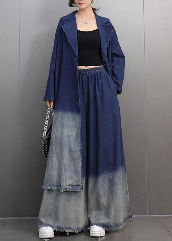 Women's Trench CoatsGradient Color Denim Blue Long Coats And Wide Leg Pants Two Piece Set Spring