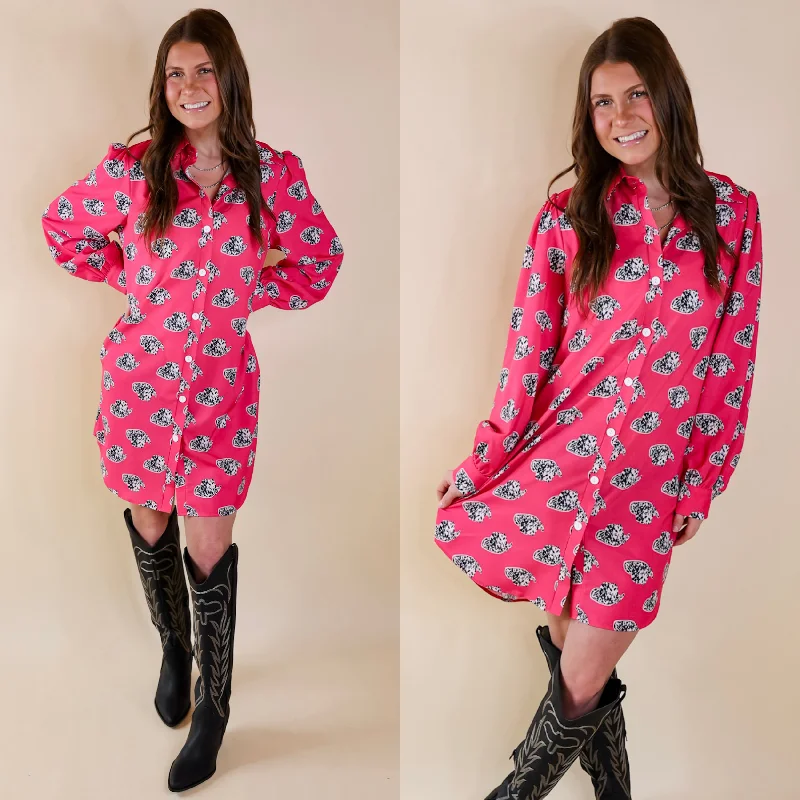 cozy knit hatsThe Cowgirl Way Button Up Cow Print Cowboy Hat Dress in Hot Pink