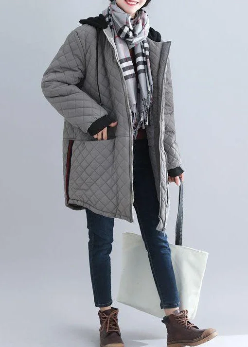 Women's Denim CoatsItalian Grey Hooded Pockets Patchwork Fine Cotton Filled Coat Winter