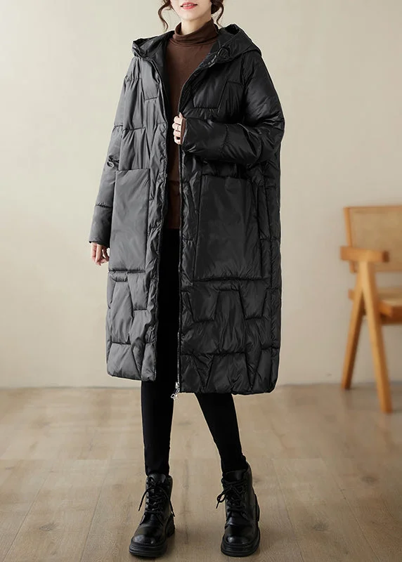 Stylish Women's CoatsBlack Pockets Fine Cotton Filled Coats Hooded Zippered Winter