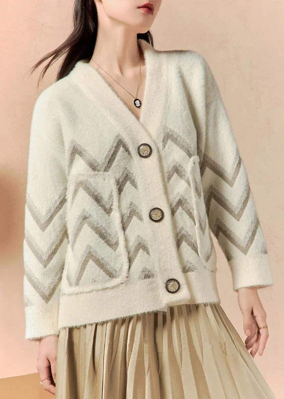 Women's Coats with Fur TrimWomen Beige V Neck Button Pockets Knit Coat Winter