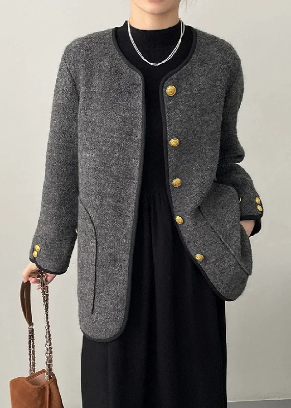 Women's Coats with Fur Trimmed SleevesGrey O-Neck Button Woolen Jackets Spring