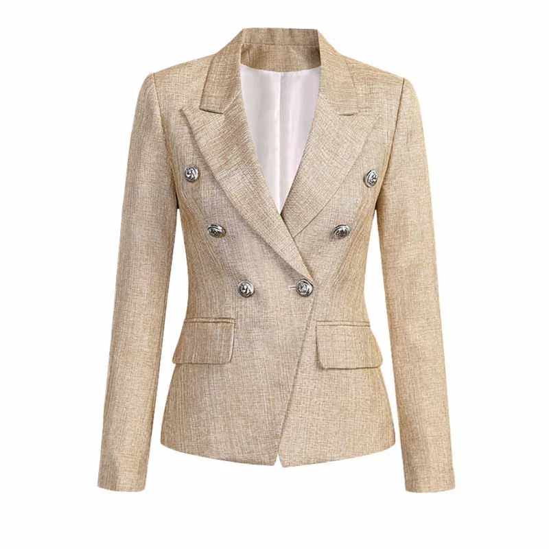 Women's Coats with Fur Trimmed PocketsWomen's Luxury Fitted Blazer Khaki Lion Buttons Coat Double Breasted Jacket