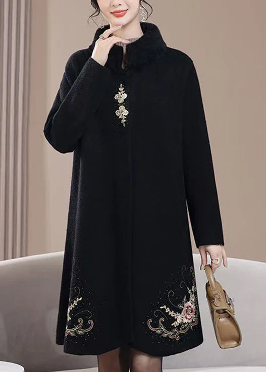 Women's Bomber CoatsNew Black Embroidered Zircon Wool Coats Spring