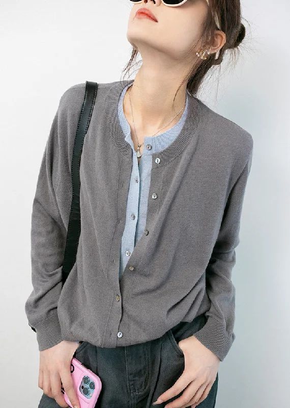 Women's Coats with Fur Trimmed SleevesWomen Grey O Neck Button Cotton Knit Coats Long Sleeve