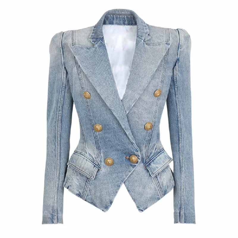 Women's Coats with BeltWomen's Golden Lion Buttons Fitted Denim Blazer Jacket Blue