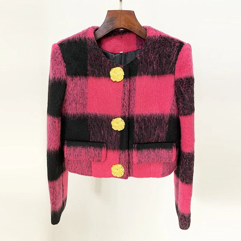 Women's Parka CoatsWomen Round Neck Short Gold Buttons Woolen Jacket Pink Plaid Coat