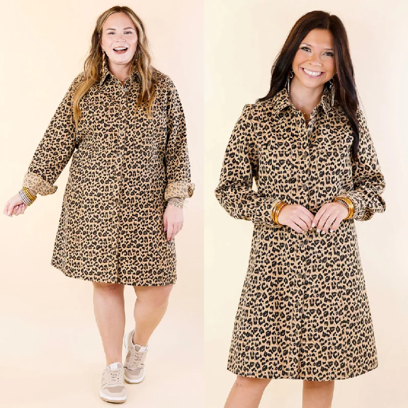 trendy snapback hatsManhattan Minute Leopard Print Button Up Dress with Long Sleeves