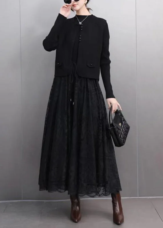 Women's Coats with HoodBlack Button Waistcoat And A Line Skirts Lace Two Pieces Set Spring