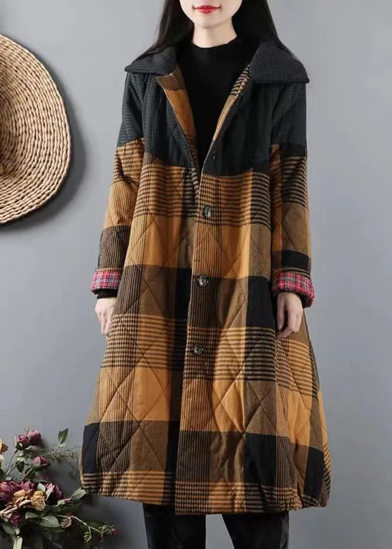 Women's Coats with Fur Trimmed CollarItalian Yellow Pockets Plaid Patchwork Fine Cotton Filled Coats Winter