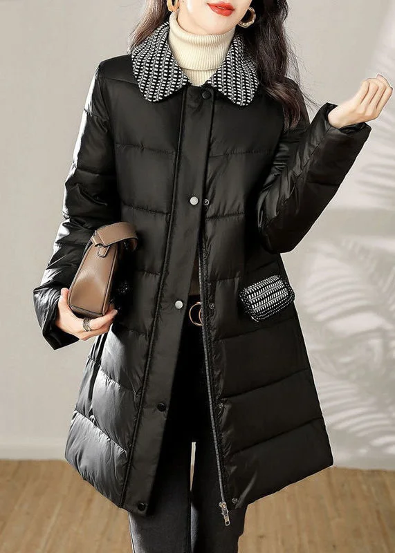 Women's Leather CoatsLoose Black Zip Up Tie Waist Patchwork Cotton Filled Coat Winter