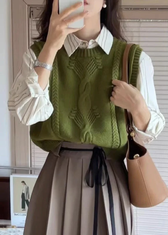 Women's Coats with ButtonsWomen Green O Neck Patchwork Cozy Cotton Knit Waistcoat Sleeveless