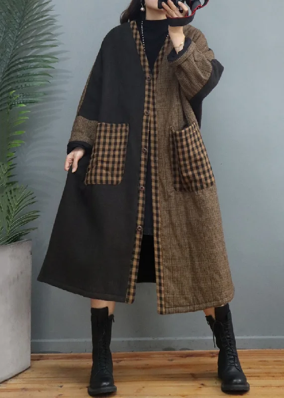 Women's Coats with Fur Trimmed ZipperVintage Coffee Plaid Pockets Patchwork Thick Long Coat Fall