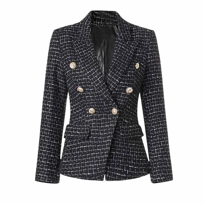 Women's Coats with Fur Trimmed ZipperWomen's Black Plaid Tweed Blazer Double Breasted Business Jacket