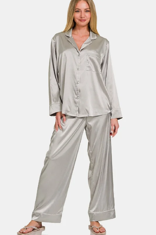 women's pajamas with drawstring waistZenana Satin Long Sleeve Shirt and Pants Pajama Set