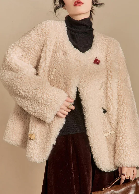 Women's Coats with Fur Trimmed CollarLoose Beige O Neck Button Teddy Faux Fur Coats Winter