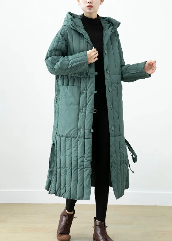 Women's Coats with Fur Trimmed ButtonsElegant Green Hooded Pockets Fine Cotton Filled Long Coat Winter