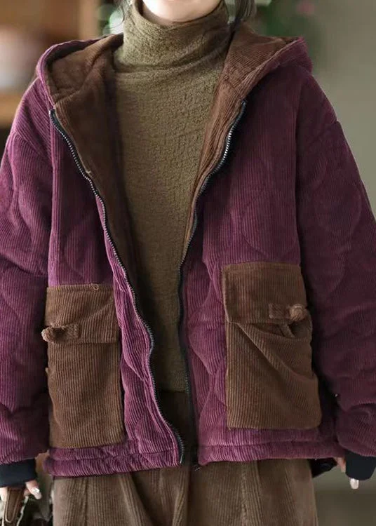 Women's Coats with PocketsWomen Purple Hooded Pockets Corduroy Fleece Wool Lined Jacket Winter