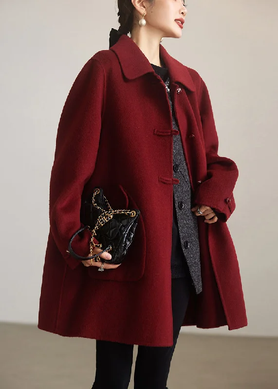 Women's Coats with Fur Trimmed SleevesElegant Red Peter Pan Collar Button Woolen Coats Spring