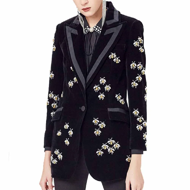 Women's Coats with Fur Trimmed ZipperWomen Black Diamond-studded blazer Crystal Cashmere Jacket