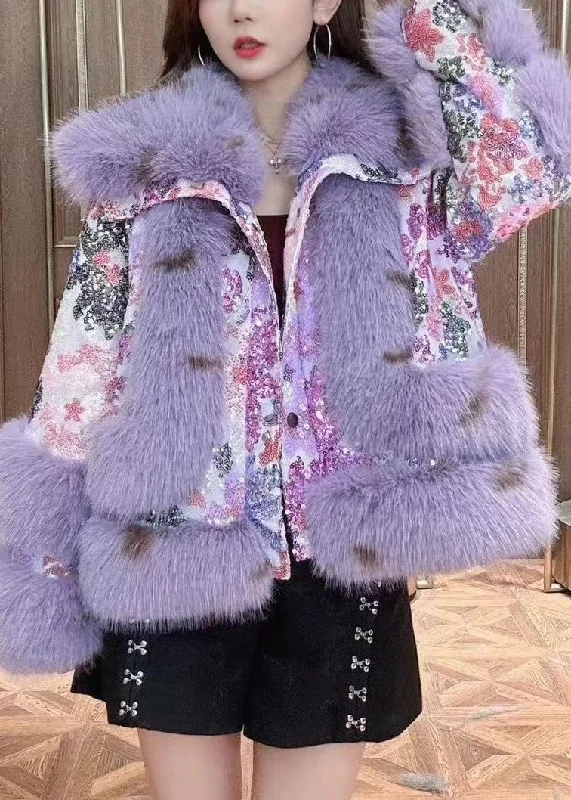 Women's Long CoatsArt Purple Fluffy Sequins Patchwork Coats Winter