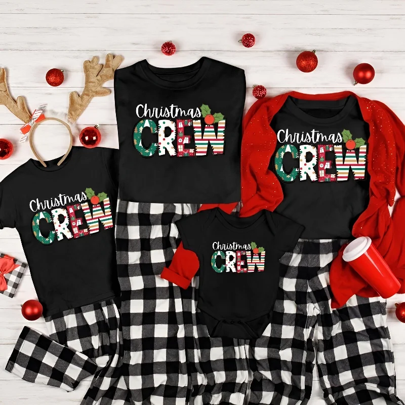 women's pajamas for those who seek cozy, all-night comfortChristmas Crew Text Printed Family Matching Shirts