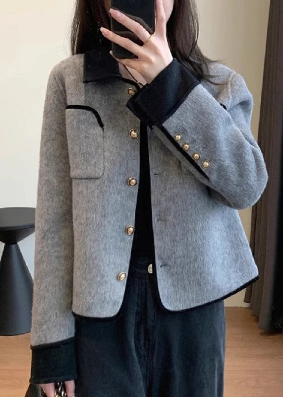 Women's Coats with HoodStylish Grey Peter Pan Collar Button Woolen Jacket Winter