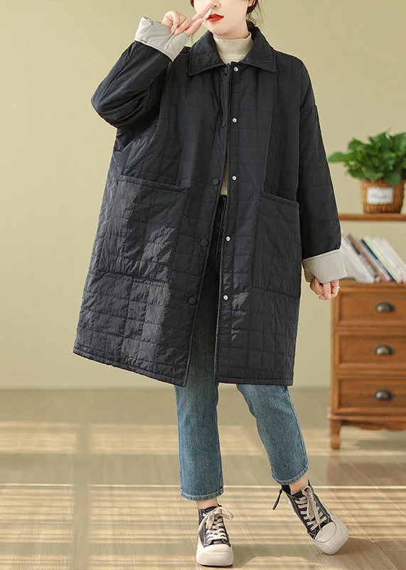 Women's Down CoatsWomen Black Pockets Button Patchwork Fine Cotton Filled Coat Winter