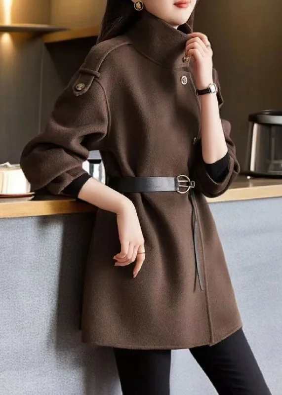 Women's Zip-Up CoatsLoose Chocolate Stand Collar Button Woolen Coats Spring