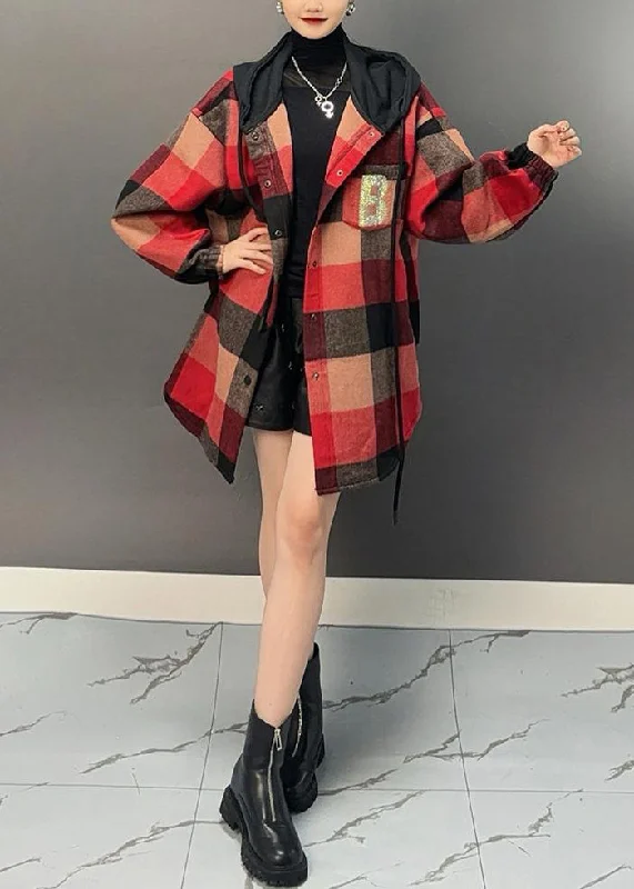 Women's Coats with Fur LiningBeautiful Red Plaid Asymmetrical Button Thick Woolen Hooded Coat Winter