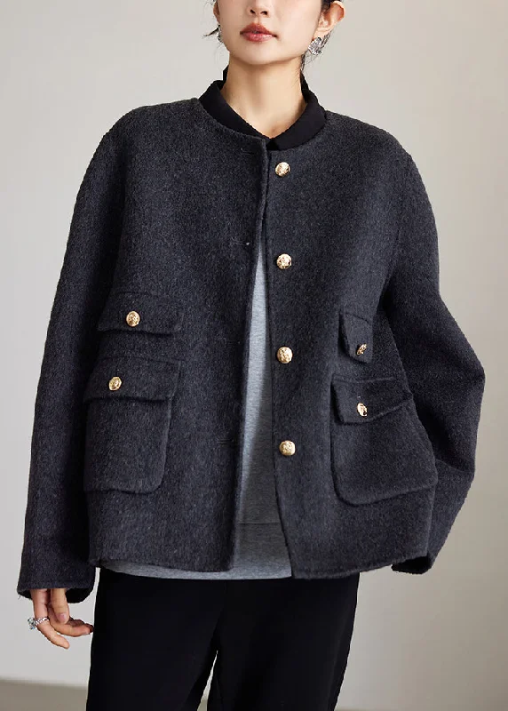 Women's Coats with Fur Trimmed PocketsLoose Dark Gray O Neck Button Woolen Coats Spring