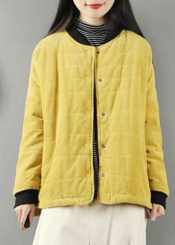 Women's Coats with Fur Trimmed CollarLoose Yellow Pockets Patchwork Fine Cotton Filled Coats Winter