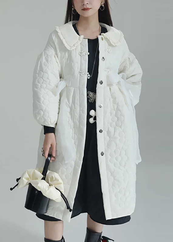 Women's Coats with Fur Trimmed SleevesChic White Peter Pan Collar Pockets Fine Cotton Filled Witner Coat