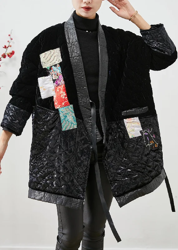 Women's Coats with ZipperModern Black Lace Up Patchwork Silk Velour Cotton Filled Coat Winter