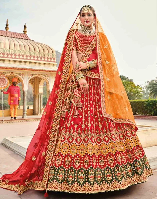 elegant feather hats for horse racesTraditional Red and Orange Silk With Khatli Embroidery and Heavy Work Lehenga