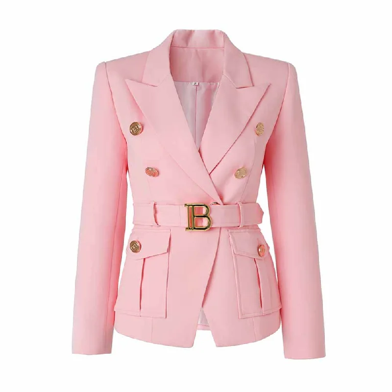 Women's Parka CoatsWomen's Luxury Fitted Pink Blazer Golden Lion Buttons Coat Belted Jacket