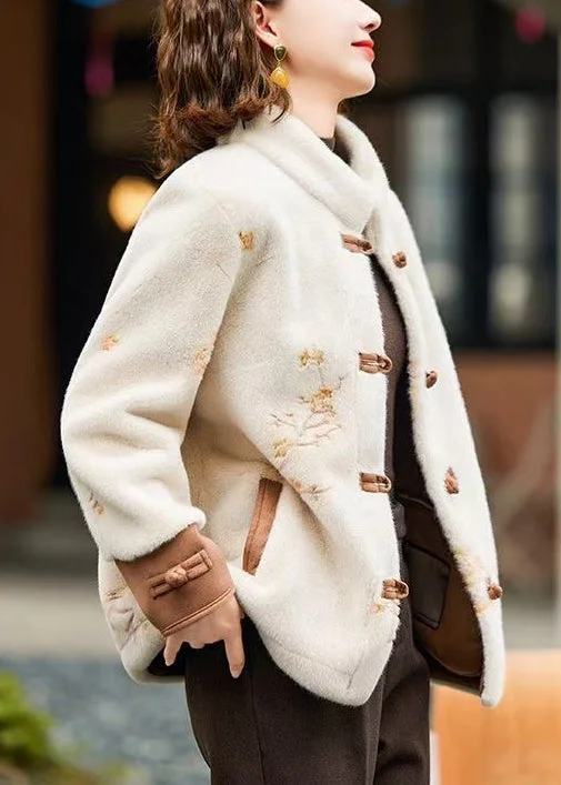 Women's Coats with Fur Trimmed BeltLoose Beige Embroidered Button Mink Velvet Coat Spring