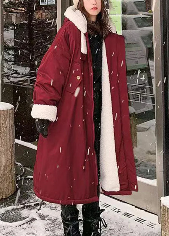 Women's Coats with Fur Trimmed HoodBoutique Red Zippered Pockets Fleece Wool Lined Thick Hooded Long Parka Winter