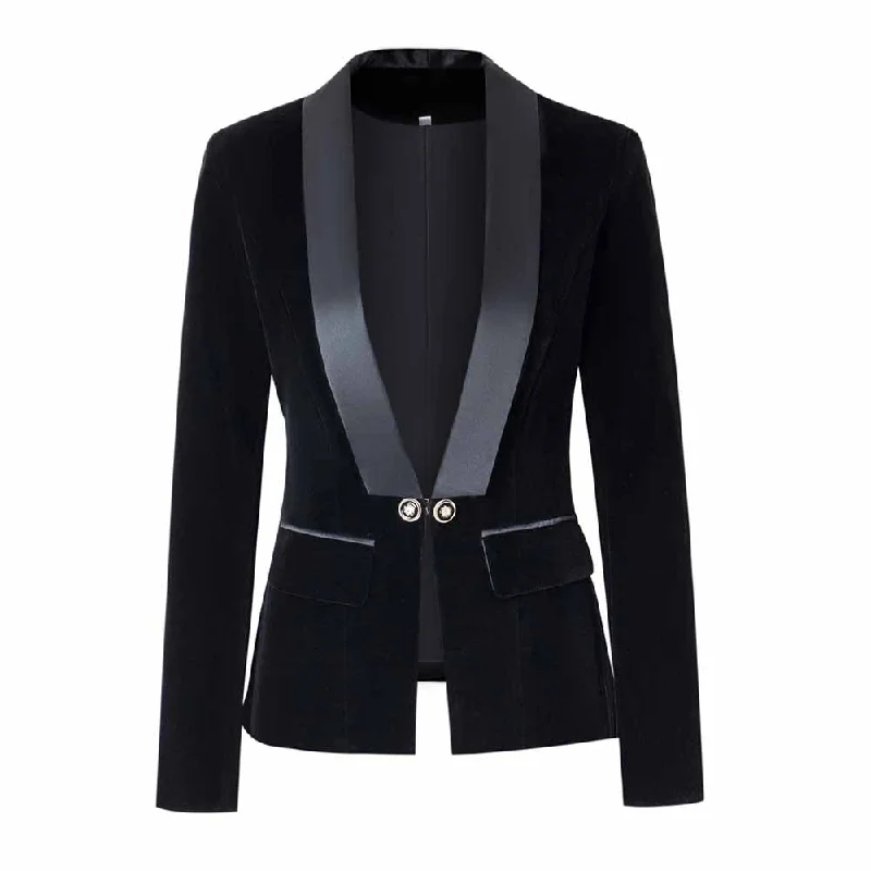 Women's Coats with Fur Trimmed ZipperWomen velvet wedding blazer long sleeve doule breasted V-neck jacket