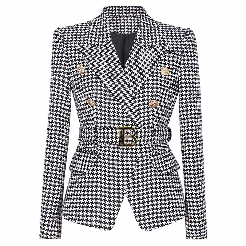 Women's Coats with Fur Trimmed SleevesWomans houndstooth double-breasted button blazer