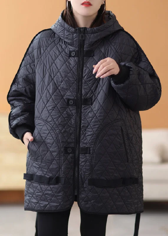 Women's Hooded CoatsBlack Solid Patchwork Thick Parka Zip Up Long Sleeve