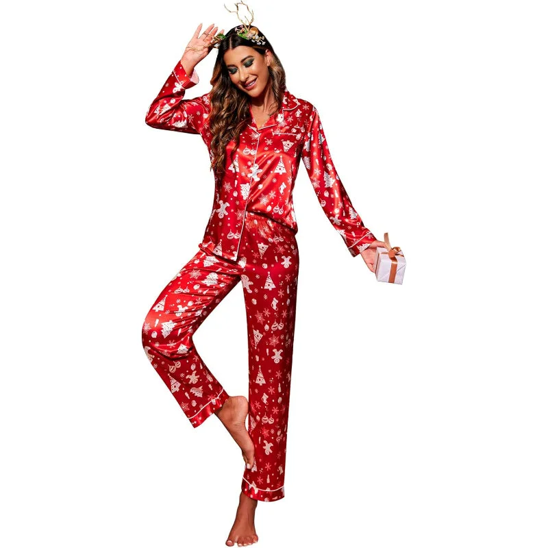 women's button-down pajama shirtsChristmas Theme Button Down Satin Pajama Set