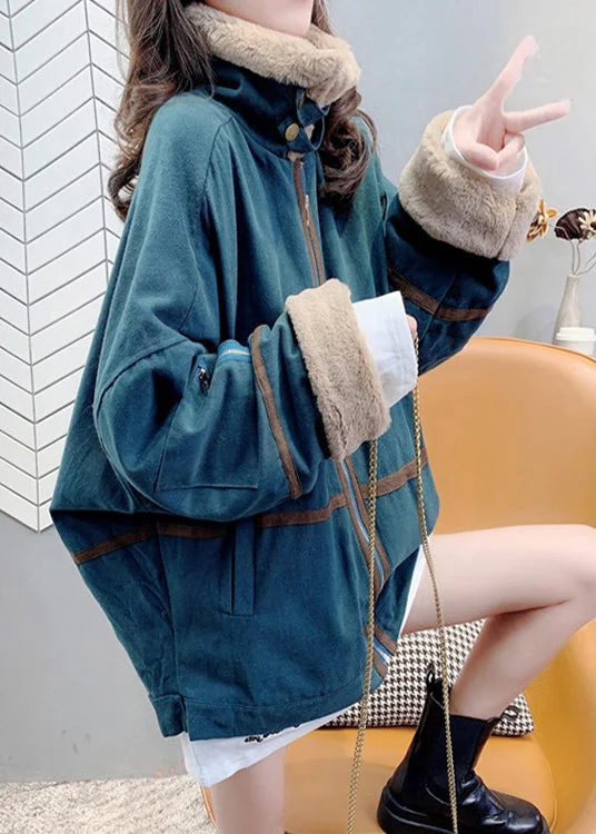 Women's Coats with PocketsGreen Peter Pan Collar Zippered Patchwork Parka Winter