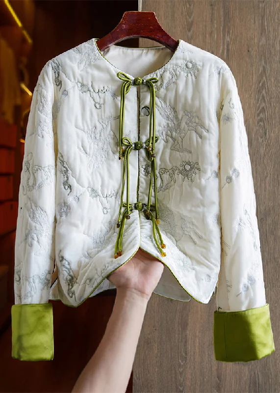 Women's Windbreaker CoatsChinese Style White Embroideried Button Silk Velour Parka Long Sleeve