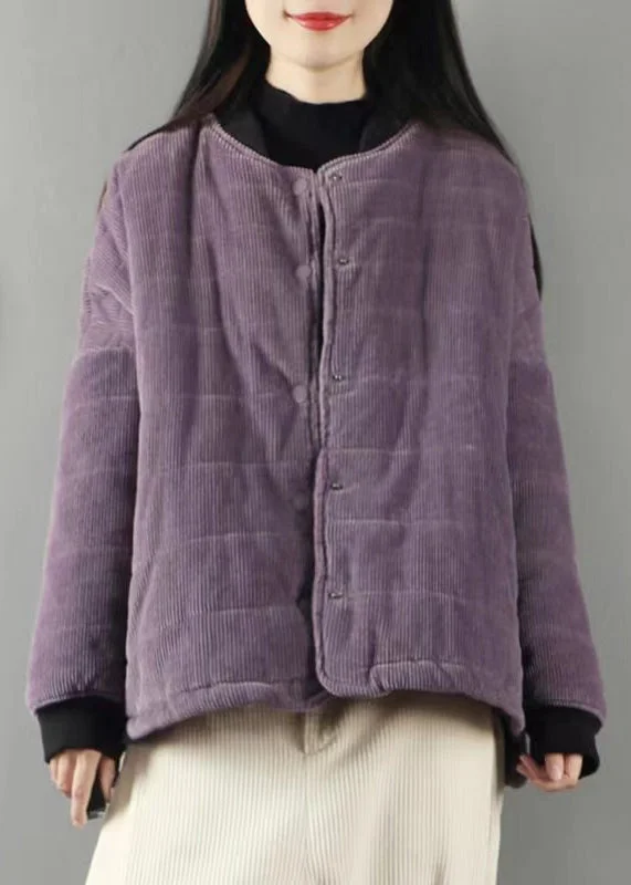 Women's Coats with Fur Trimmed ZipperPurple Pockets Patchwork Fine Cotton Filled Coats Vintage Winter